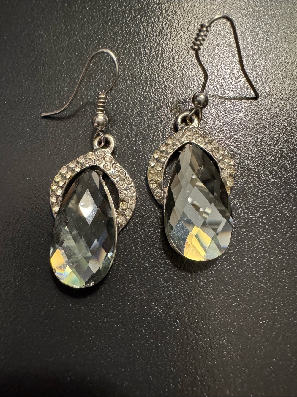 Vintage Gunmetal Crystal Teardrop Earrings - 1.75”